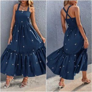 Boho Blue Ruffle Hem Floral Embroidery Dress Casual